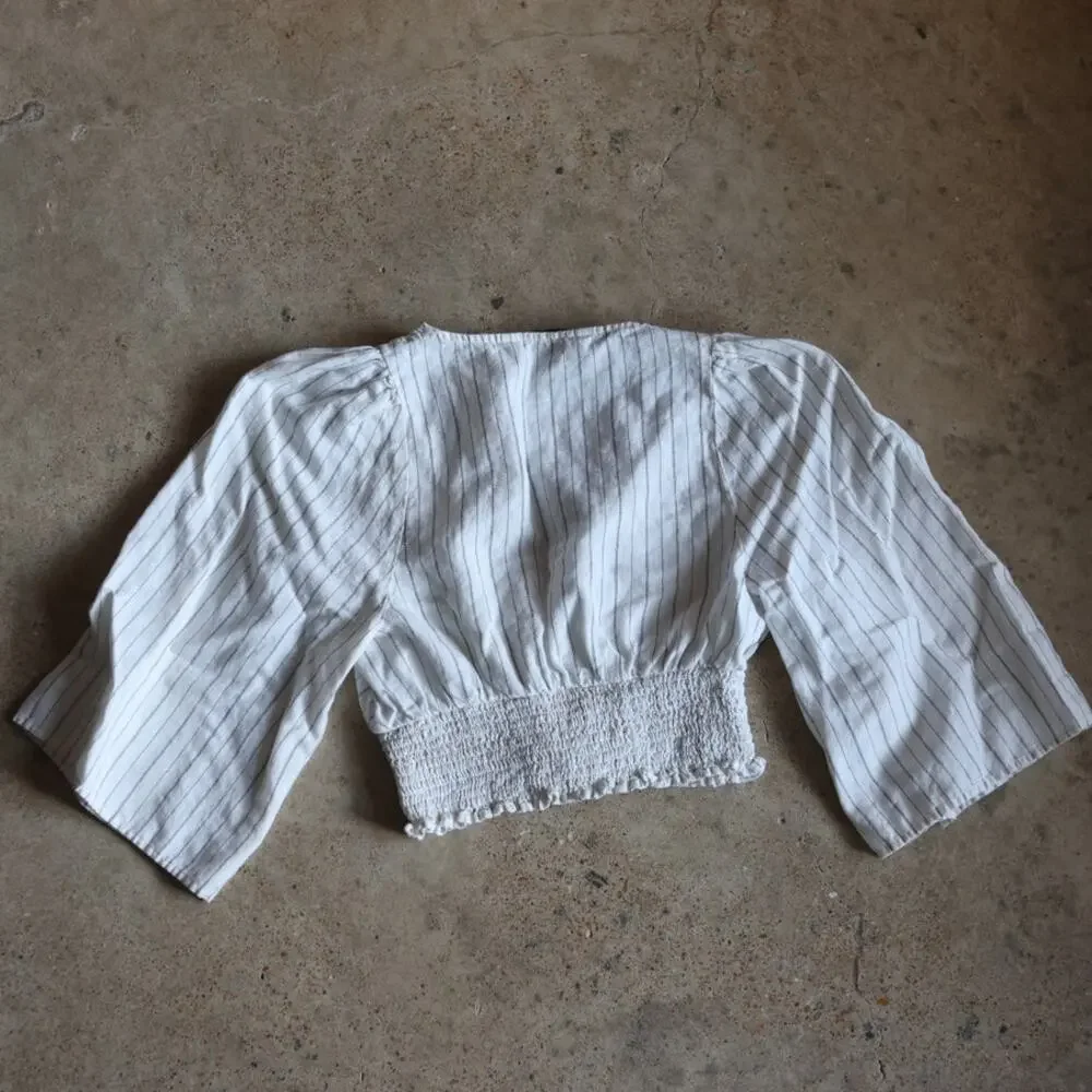 Zara White Pinstripe Smocked Crop Top XS Cottagecore Peasant Sleeve Blouse